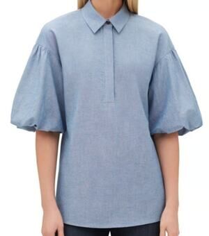 Lafayette 148 Womens XS Pia Short Puff Sleeve Blouse Silver Trim Cotton Blue